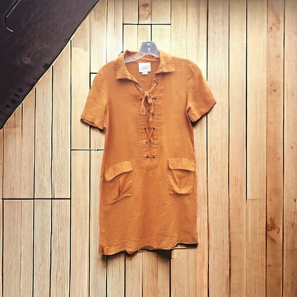 Anthropologie Maeve Dress 100% Linen Lace Up Front Pockets Size 0 Fall - Picture 7 of 16